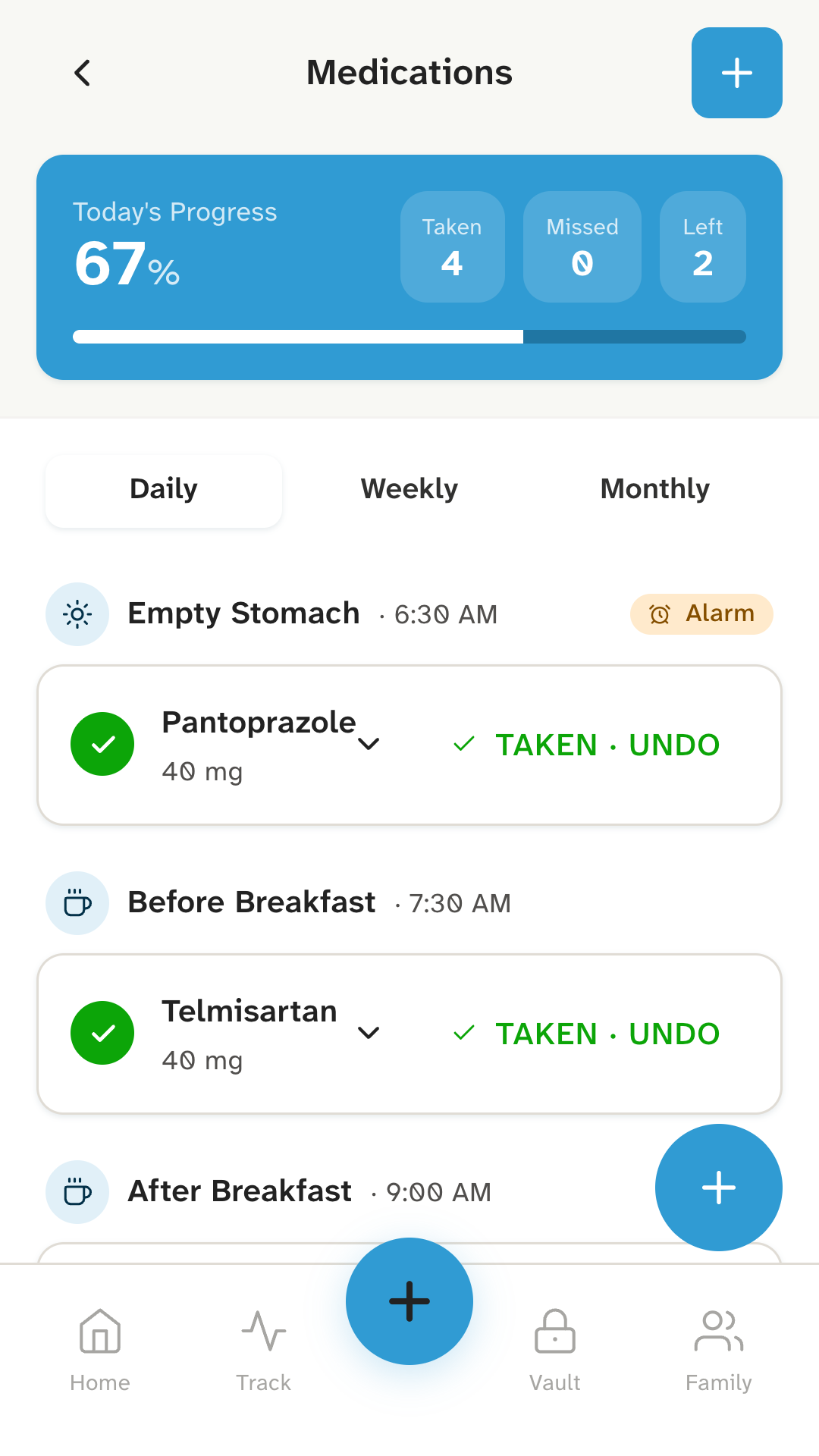 Medicines screen: today's progress with four doses taken and two left, and doses grouped under empty stomach, before breakfast and after breakfast.