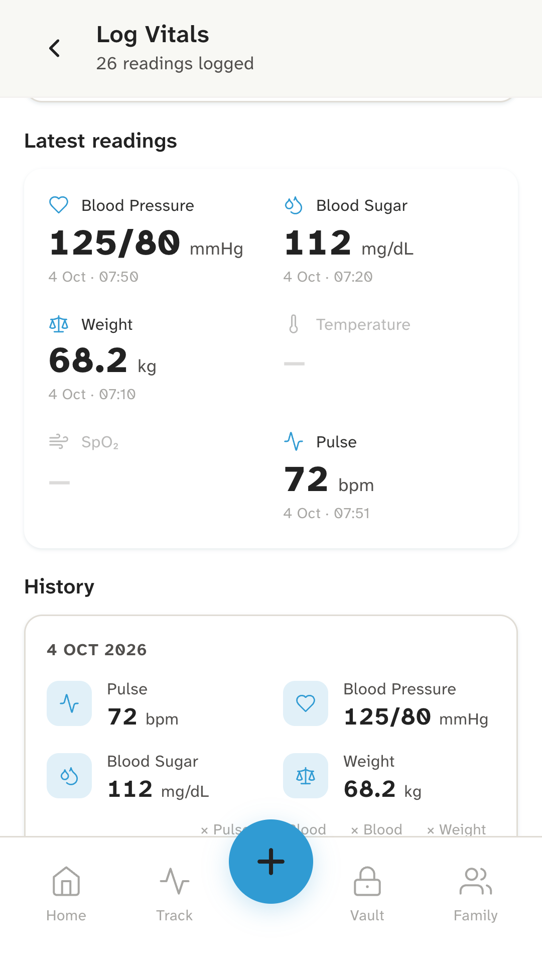 Log Vitals screen: latest blood pressure 125/80, blood sugar 112 mg/dL, weight 68.2 kg and pulse 72, with a dated history below.