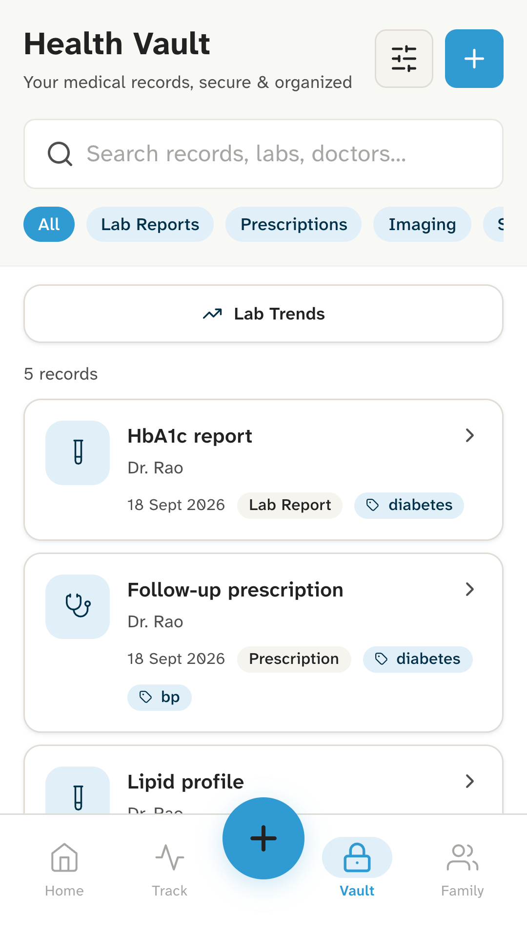 Kinsu's Health Vault screen: an HbA1c report, a follow-up prescription and a lipid profile, each with its doctor, date and tags, under filters for lab reports, prescriptions and imaging.